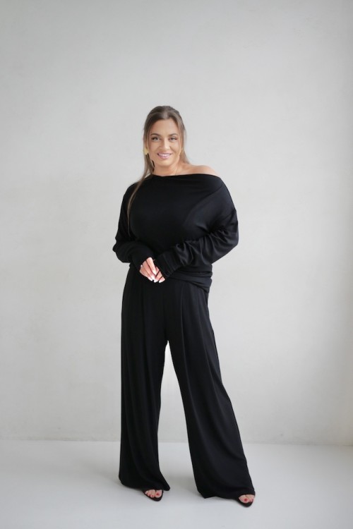 monochromatyczny czarny zestaw do biura styl premium damski total look