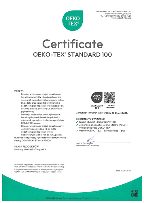 Certyfikat OEKO-TEX Standard 100